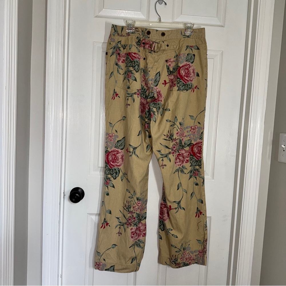 Hunt Club Cream Beige and Pink Floral Cotton Linen Wide Leg Pants size 16 - Picture 8 of 11
